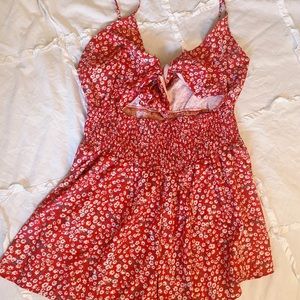 Tie front shirred waist peekaboo romper